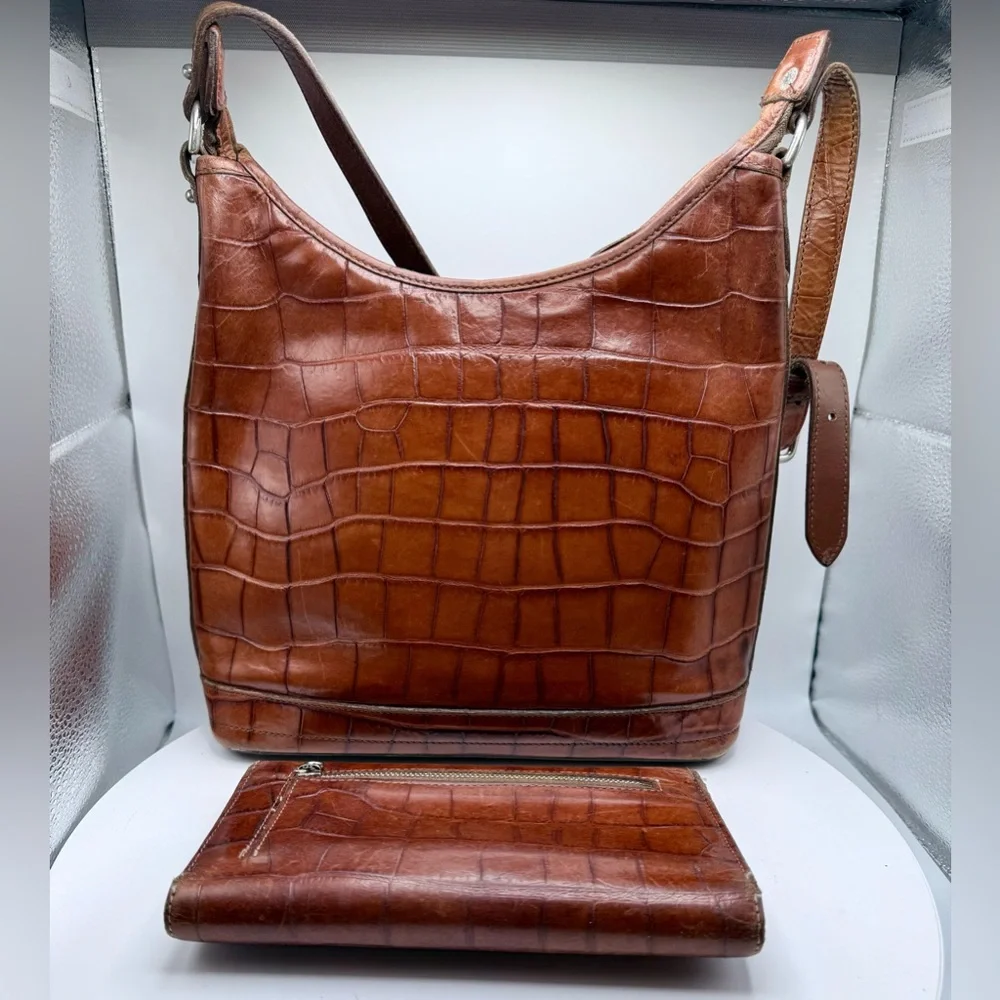 Vintage Dooney & Bourke Brown Croco Embossed Leather Hobo Bag + Wallet USA - Picture 5 of 16